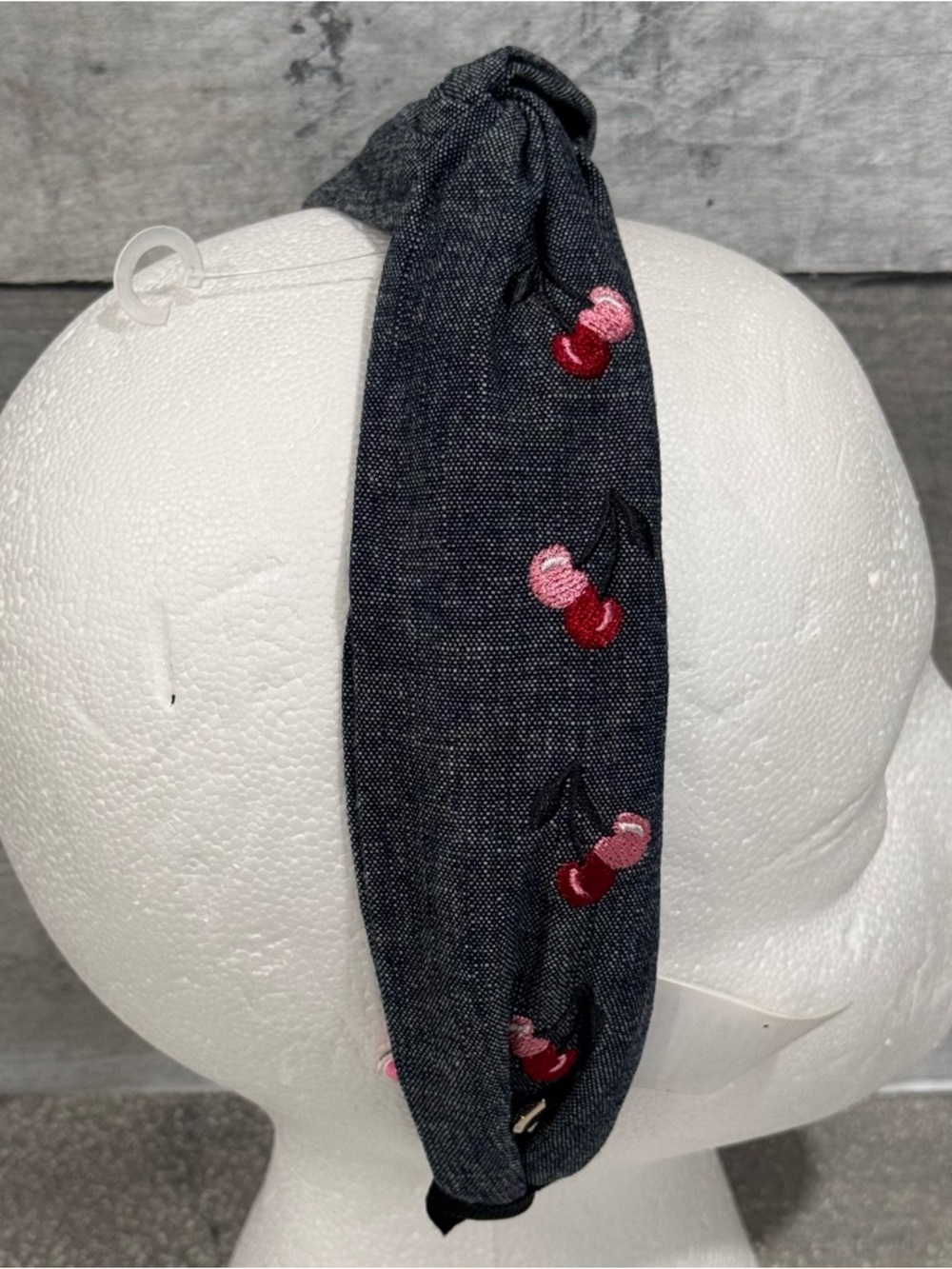 Kate Spade Red Cherry Embroidered Denim Blue Jean Twisted Headband